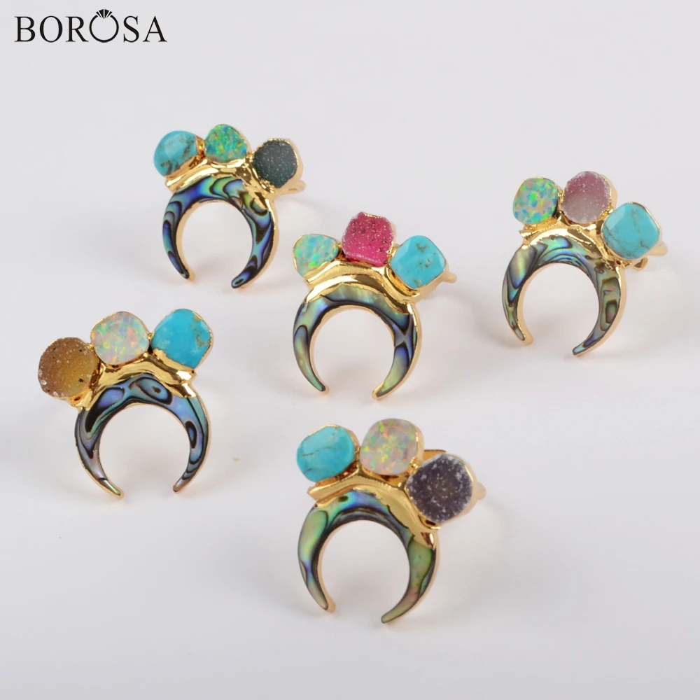 

BOROSA 5PCS New Gold Color Horn Natural Abalone Shell & Three Rainbow Agates Druzy Turquoises Manmade Opal Ring Jewelry G1839