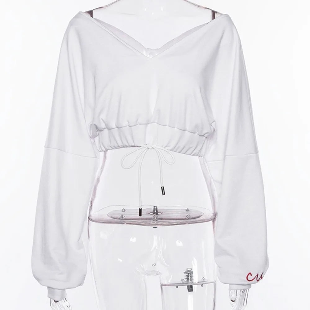 Women's White Cropped Hoodies Exercise Sweater Sexy V-neck Letter Sweatshirts Sport Fitness Running Crop Tops Harajuku Tracksuit | Спорт и