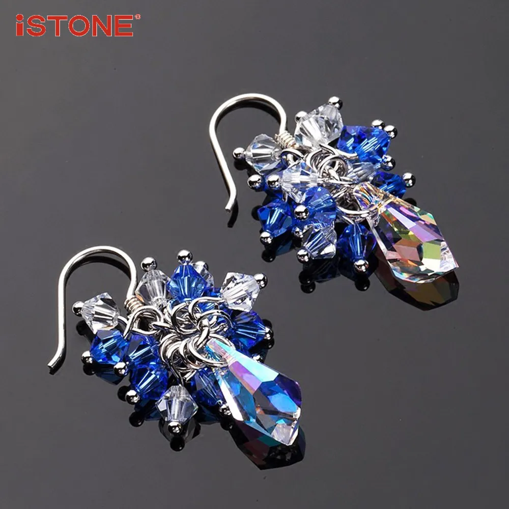 iSTONE 100% Natural Gemstone Pink Green Blue Crystal 925 Sterling Silver Flower Shape Drop Earrings Fine Jewelry Gift for Woman | Украшения