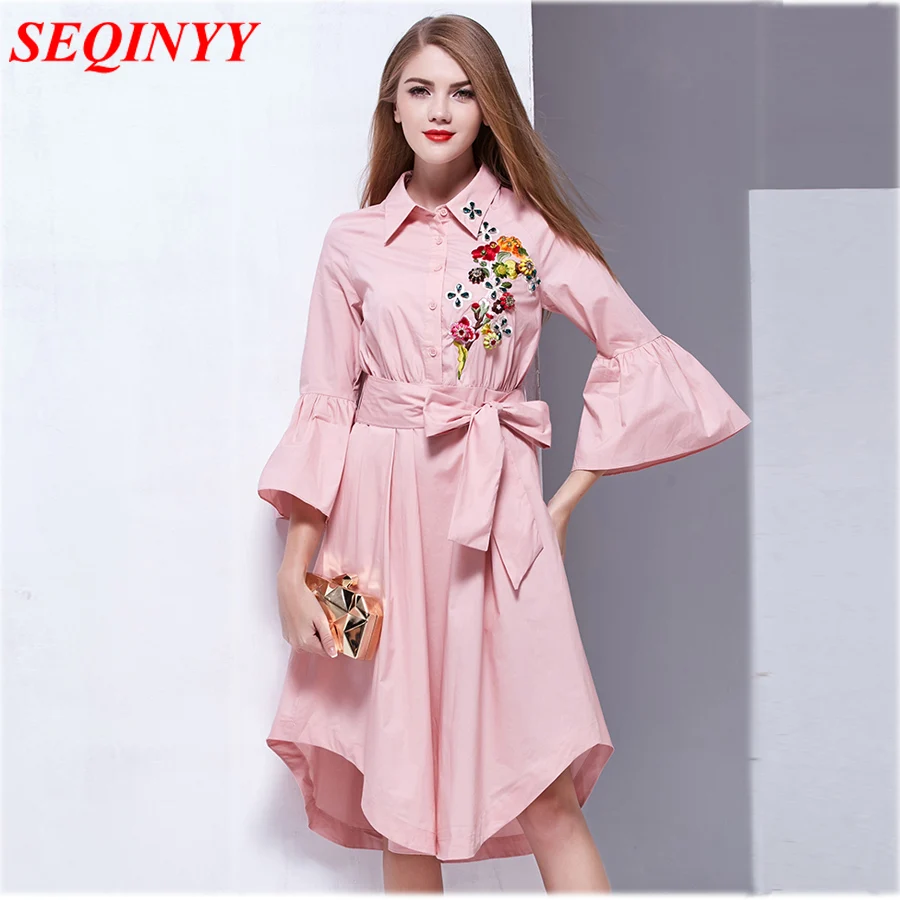 

Irregular Brief Dress Women Spring Summer 2017 3/4 Flare Sleeve Turn Down Collar Appliques Diamonds Belt Pink Blue Lady Dress