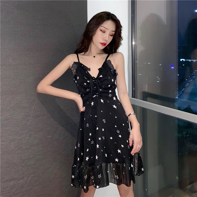 Bohemian Straghetti Strap Dress Women Sexy Deep V Neck Star Pattern Party Dresses Holiday Beach Ladies Vestidos HY071 | Женская одежда