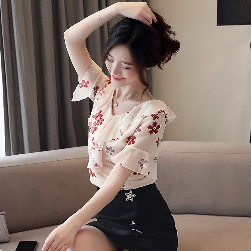 Korean Fashion Chiffon Women Blouse Ruffles V-Neck Flare Sleeve White Shirts Plus Size Womens Tops and Blouses |