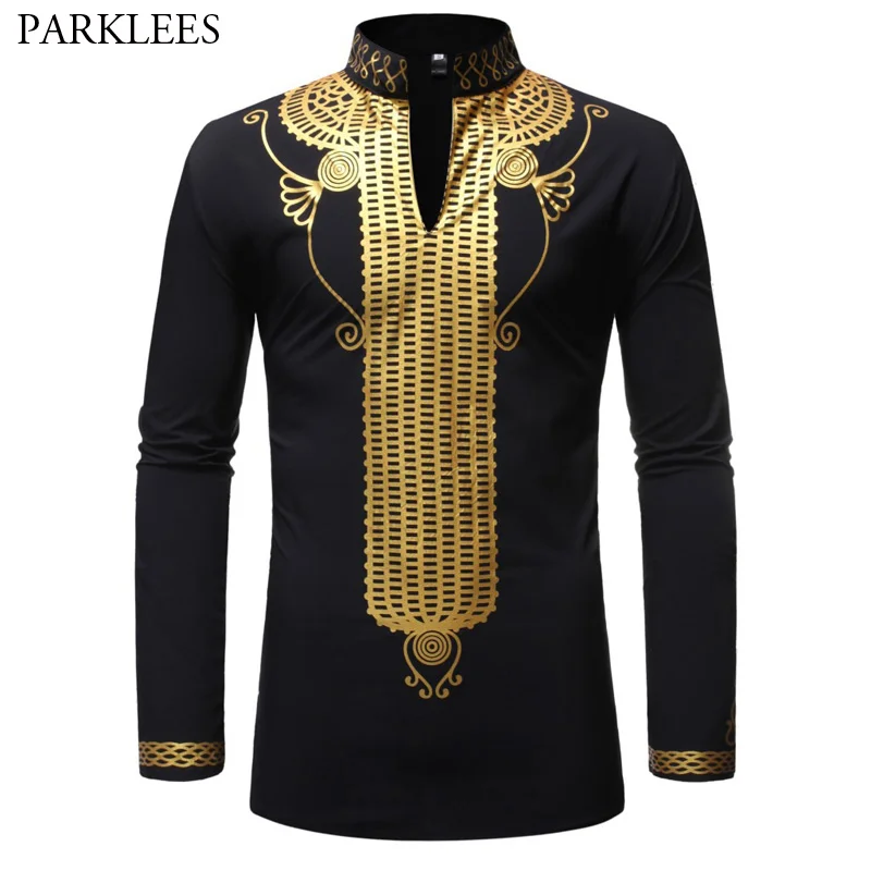 

Men's Luxury Gold Print Dashiki African Bazin Dress Shirt Brand Mandarin Collar Long Sleeve Tribal Top Blouse Chemise Homme 2XL