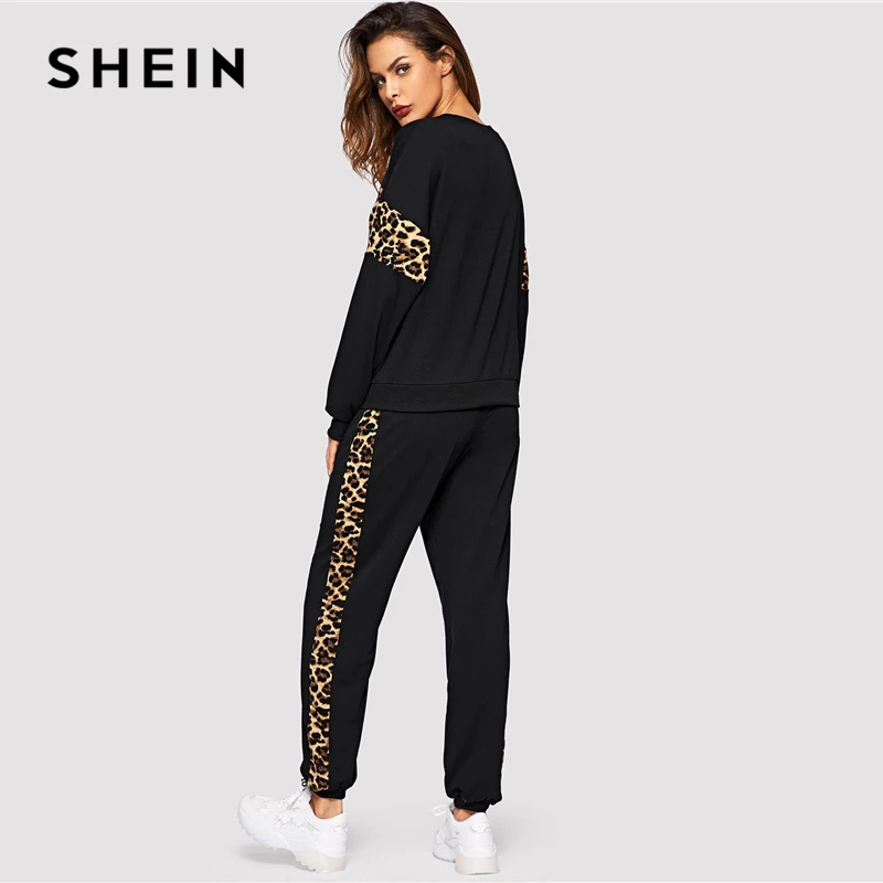 SHEIN Спортивный Костюм С Леопардовым Принтом Контрастная Толстовка И Брюки Женские Повседневные Комплекты С Леопардовым Принтом