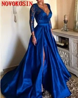 2019 royal blue plus size party dresses v neck lace appliques long sleeve front split formal evening dresses