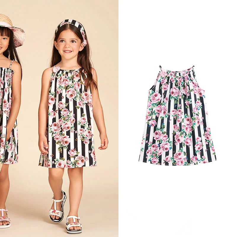 

Girls romantic rose fashion Stripe printing Shoulder strap Handmade roses Sling dress