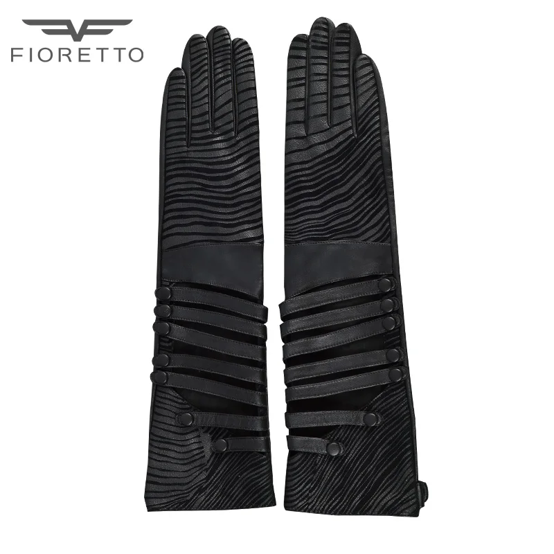 Fioretto, женские длинные перчатки, перчатки из натуральной кожи для женщин, женские ремни, в полоску, в стиле панк, длинные митенки, черные, серые, с рисунком зебры