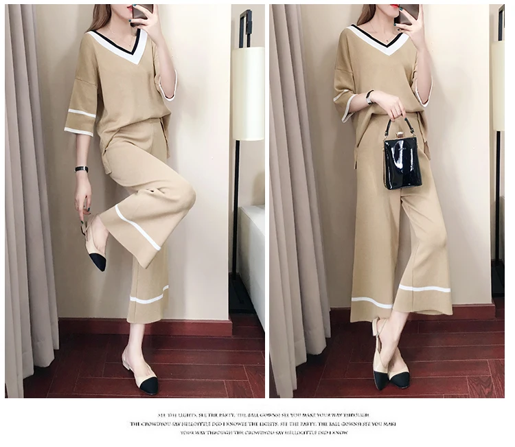 Женский трикотажный пуловер с v-образным вырезом топ+ штаны длиной до середины икры комплект одежды летние женские вязаные Широкие штаны комплекты из 2 предметов