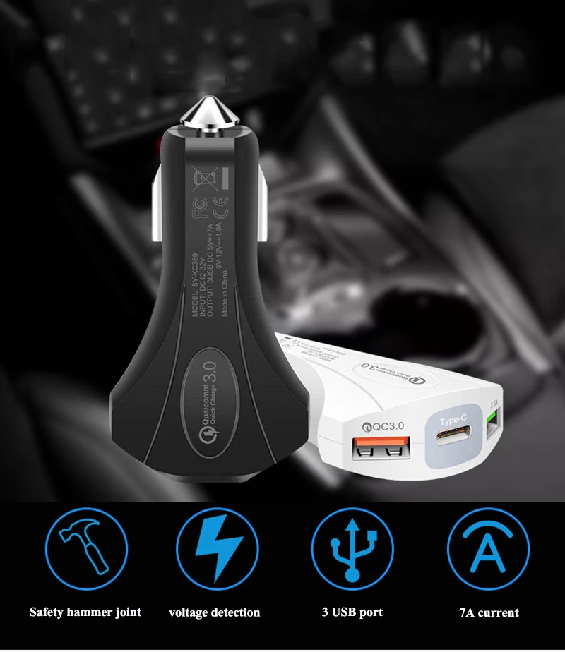 Riggler QC3.0 автомобильное зарядное устройство с быстрой зарядкой 3 порта type C 3.5A