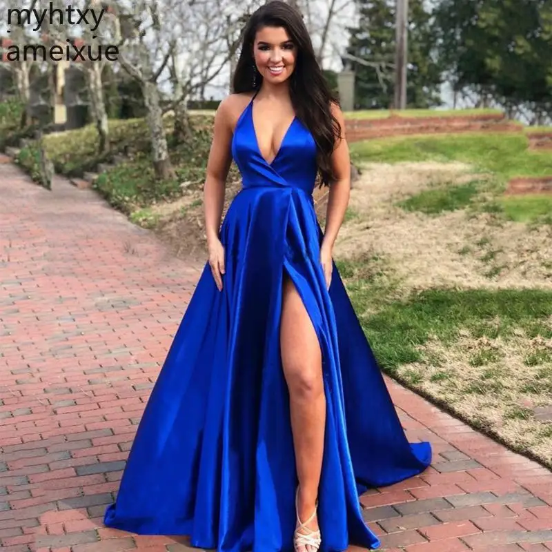 Long Prom Dresses Sexy 2021 A Line Spaghetti Straps V Neck High Split Royal Blue Elastic Satin Formal Party Dress Gowns Cheap | Свадьбы и