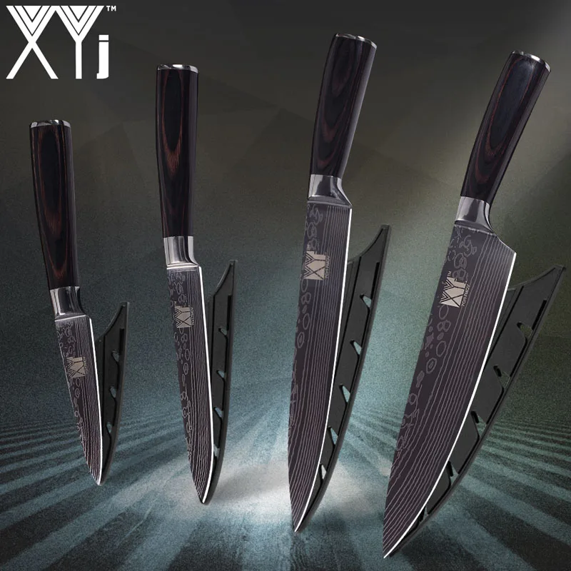 Кухонный нож XYj, 6 шт., имитирующий дамасский узор, 8 дюймов, 7 дюймов, 5 дюймов, 3,5 дюймов, набор ножей из нержавеющей стали+ 8 дюймов, Держатель ножей, чехлы для ножей - Цвет: E. 4 Pcs Set