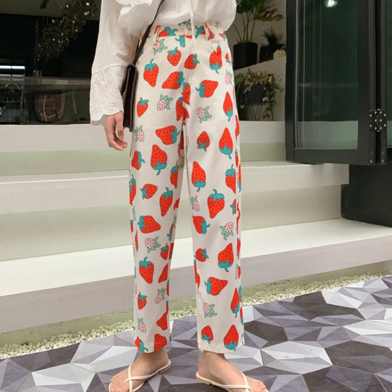 2019 летние новые женские брюки с принтом клубники Харадзюку для отдыха размера