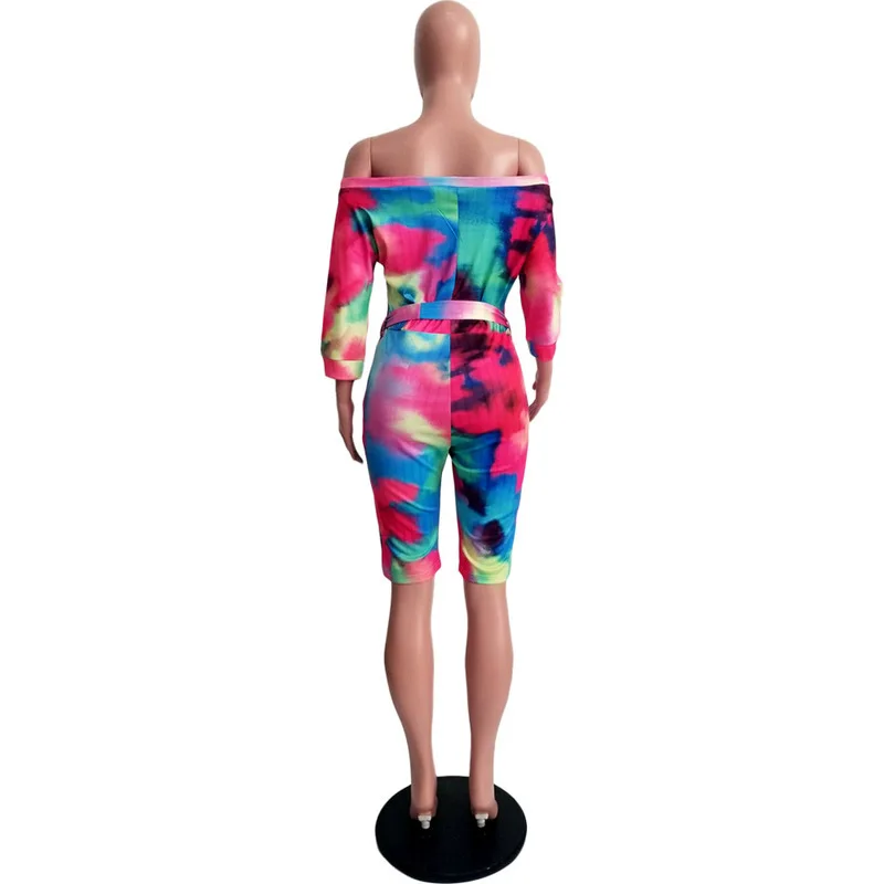 Радужный Tie Dye сексуальный обтягивающий комбинезон для женщин с вырезом лодочкой и длинным рукавом цельный комбинезон летний пляжный костюм с открытой спиной