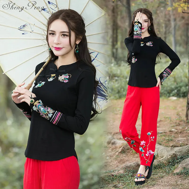 Cheongsam Топ Традиционный китайский костюм для женщин рубашка с длинными рукавами хлопок винтажная одежда Топ И Блузка V1452