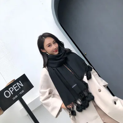 Black Pom Scarf Теплые, зимние, шерстяные кашемировые помпоны, шарф, розовый толстый с кроличьим меховым шаром, пашмины, большой палантин, Дамская шаль, акриловый шарф - Цвет: Black Pom Scarf