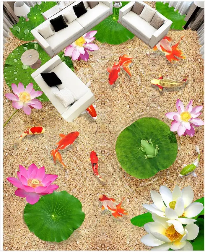 3D стереоскопический лотос рыба песок пол видео на заказ фото Самоклеящиеся Пол