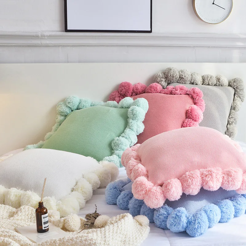 45x45cm solid Ivory/pink/rose/green/blue cotton wool knitted cushion cover throw pillowcase big balls lumbar pillow | Дом и сад