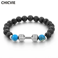chicvie luxury black dumbbell charm bracelets bangles for women men silver jewelry making lava stone bead bracelet sbr160177