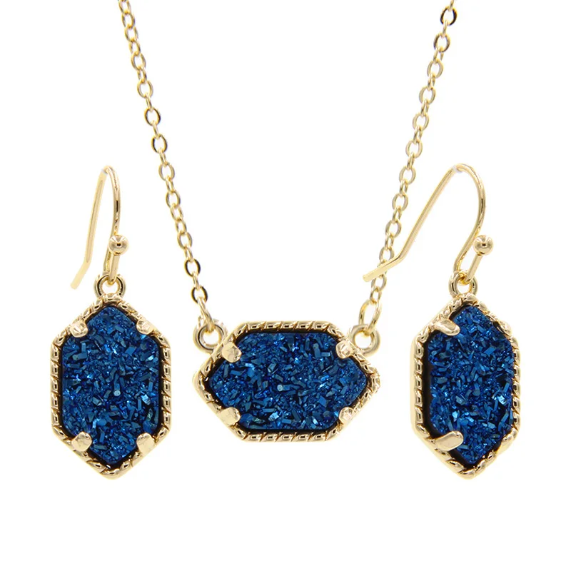 Blue YJX подлинный золотой цвет мини переливающийся кулон из друзы ожерелье с Висячие серьги модные ювелирные наборы - Окраска металла: Blue