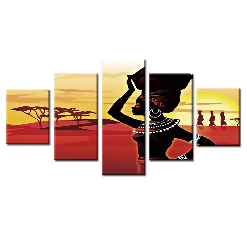 

Hot Sales African woman poster 5 piece large canvas print wall art modular painting on decoration pictures