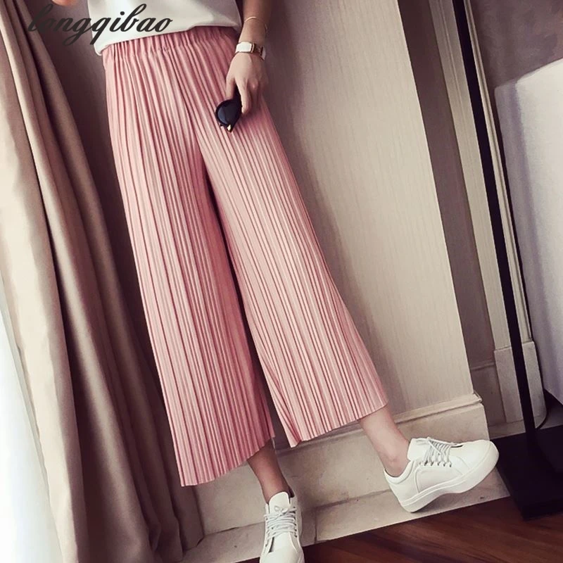 

2017 spring and summer new chiffon wide leg pants female students loose nine points high waist leisure pleated pants TB7595
