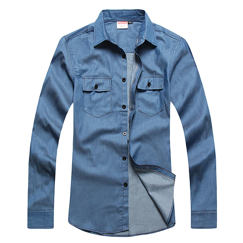 Classic demin blue Full Seiko edition 2013 summer new long-sleeved shirt Slim Korean men's solid color collar man |