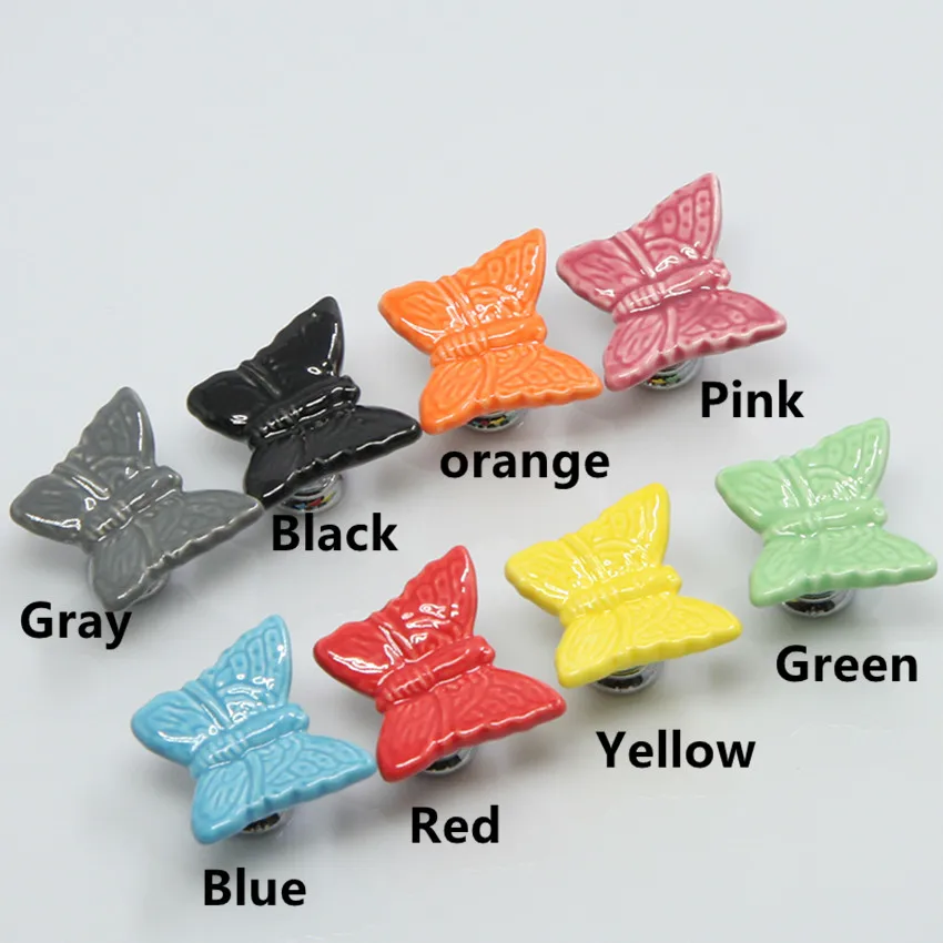 

Cololful ceramic butterfly knob lovely cartoon children room handle blue black red yellow orange Chrome drawer shoe cabinet knob