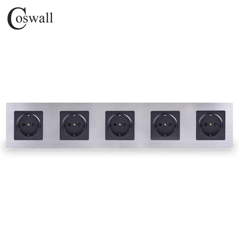 COSWALL Stainless Steel Panel 5 Gang Wall Socket 16A EU Russia Spain Electrical Outlet Silver Black Color Child Protective Door