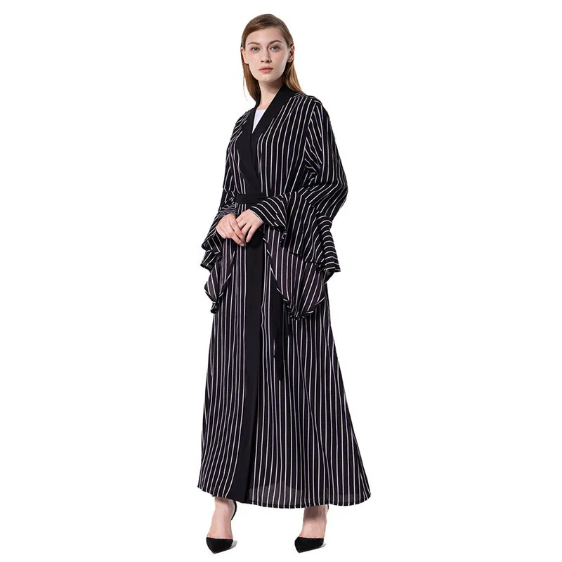 Мусульманское платье Abaya модный полосатый кардиган с расклешенными рукавами