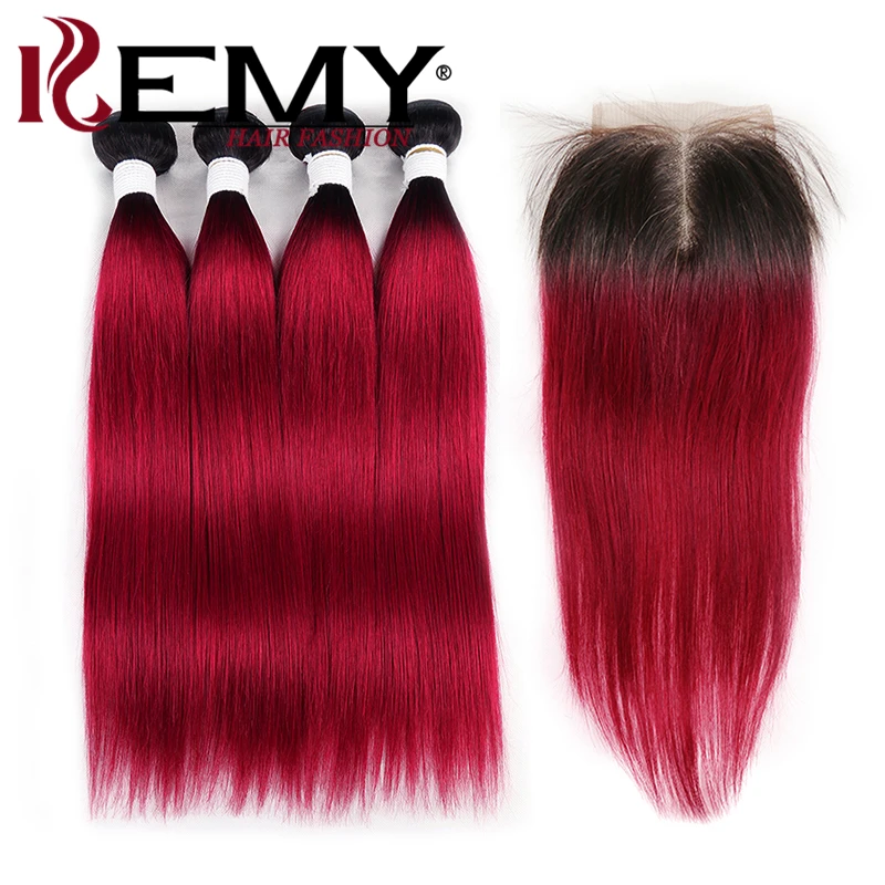 1B-BURG Бразильские прямые человеческие волосы пучки с закрытием kemy Hair 1B/бордовый 4 пучка с закрытием не Реми пучки волос - Цвет: 1B-BURG