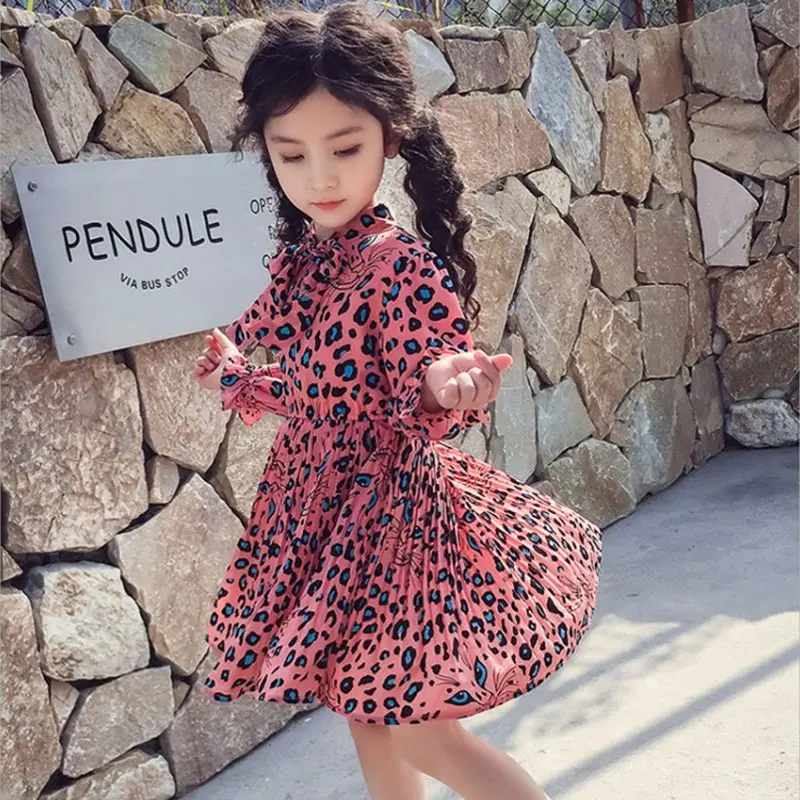 Spring Autumn girls dress Baby pleated kids Children vestidos ruched sleeve lacing leopard print 4 to 14 yrs | Детская одежда и
