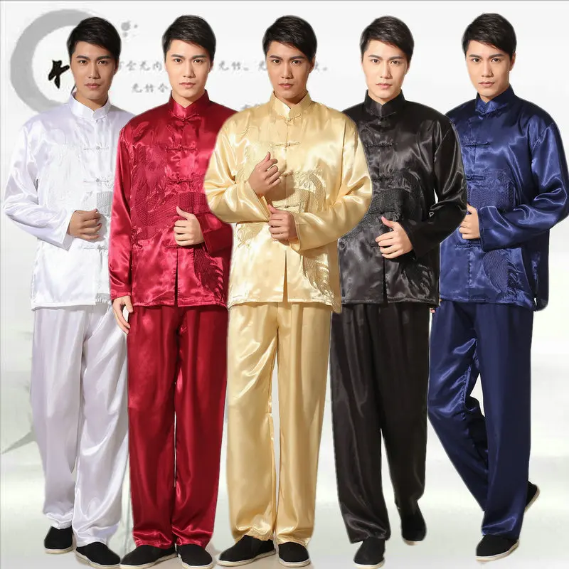 

Men Long Sleeve Embroidered Dragon Kungfu Suit Top+pants SatinTai Chi Costume Chinese Traditional Costume Stage Performance 17