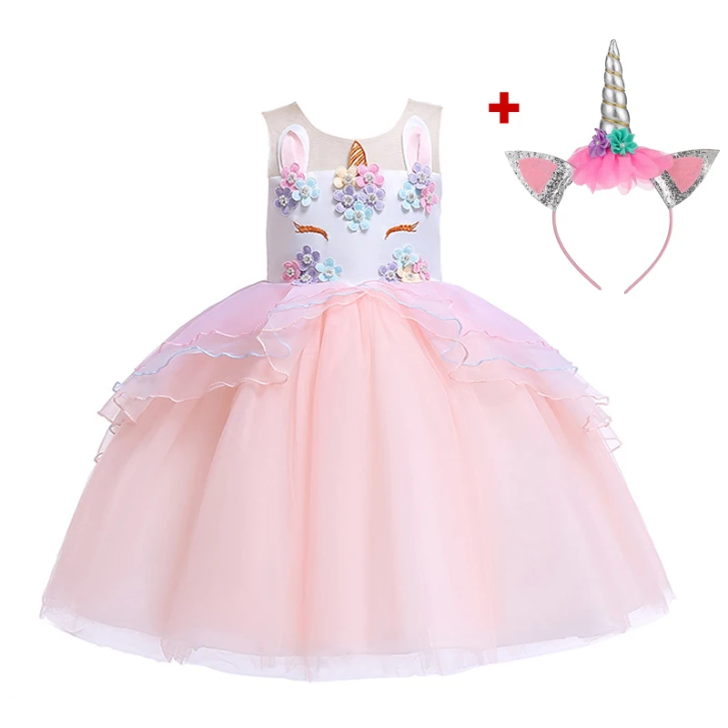 Shrimp pink 2pcs set Необычные дети Единорог Платье с фатиновой юбкой для обувь девочек вышитая бальное платье Детские платья принцессы в цветочек Свадебная вечерин - Цвет: Shrimp pink 2pcs set