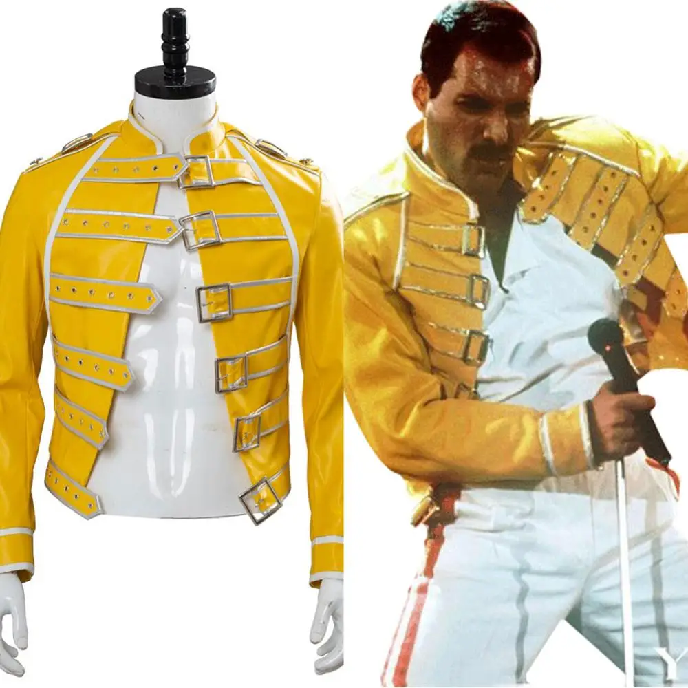 

Queen Lead Vocals Freddie Mercury Cosplay Costume Adult Men Women Yellow Jacket Coat Halloween Carnival Suit