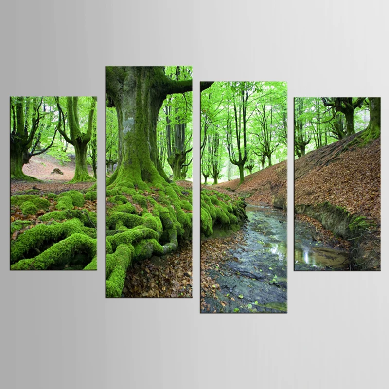 4 шт. плакаты на холсте картина маслом зеленое дерево водный поток картины пейзаж