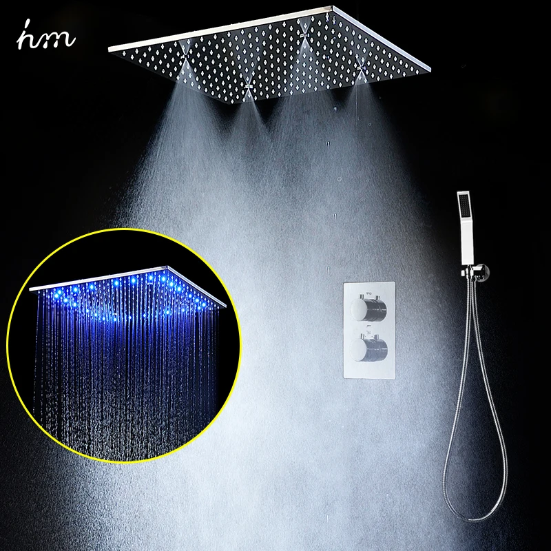 Conceal 3 Function Thermostat Bath Mixer Faucet Set Chrome Recessed Ceiling 20&quot Big LED Rainfall Head with Brass Hand Shower |