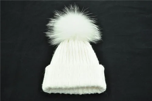 White match fur Вязаная Шерстяная Шапка из натурального меха енота, шапка с помпоном для женщин и девочек, новинка, осенняя, весенняя, зимняя женская меховая шапка - Цвет: White match fur