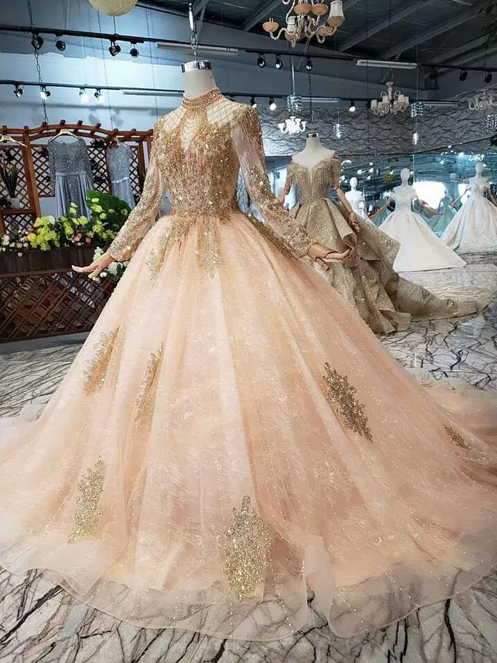 same as picture Платье для выпускного вечера с длинными рукавами, роскошное мусульманское Розовое Кружевное бальное платье с высоким горлом, украшенное бусинами и жемчугом,, вечернее, официальное, для вечеринки, для прогулки рядом с вами - Color: same as picture