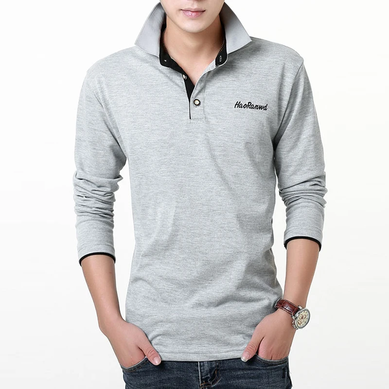 Мужская хлопковая рубашка-поло с длинным рукавом и вышивкой | одежда
