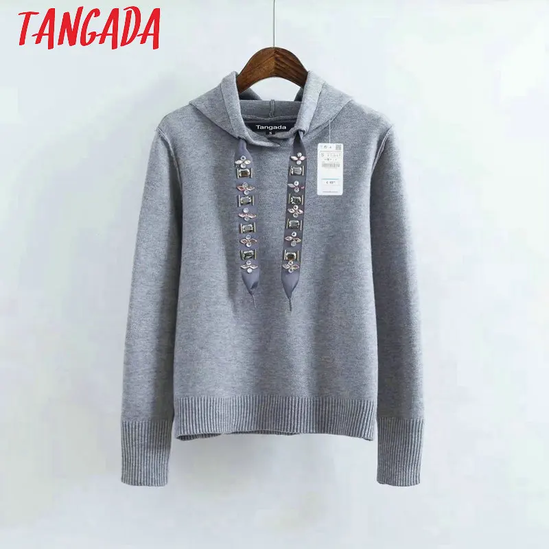 Tangada серая толстовка толстовка с капюшоном худи с капюшоном теплое худи теплая толстовка вязаная толстовка кофта с капюшоном толстовка со стразами зимний свитер осенний свитер RY11