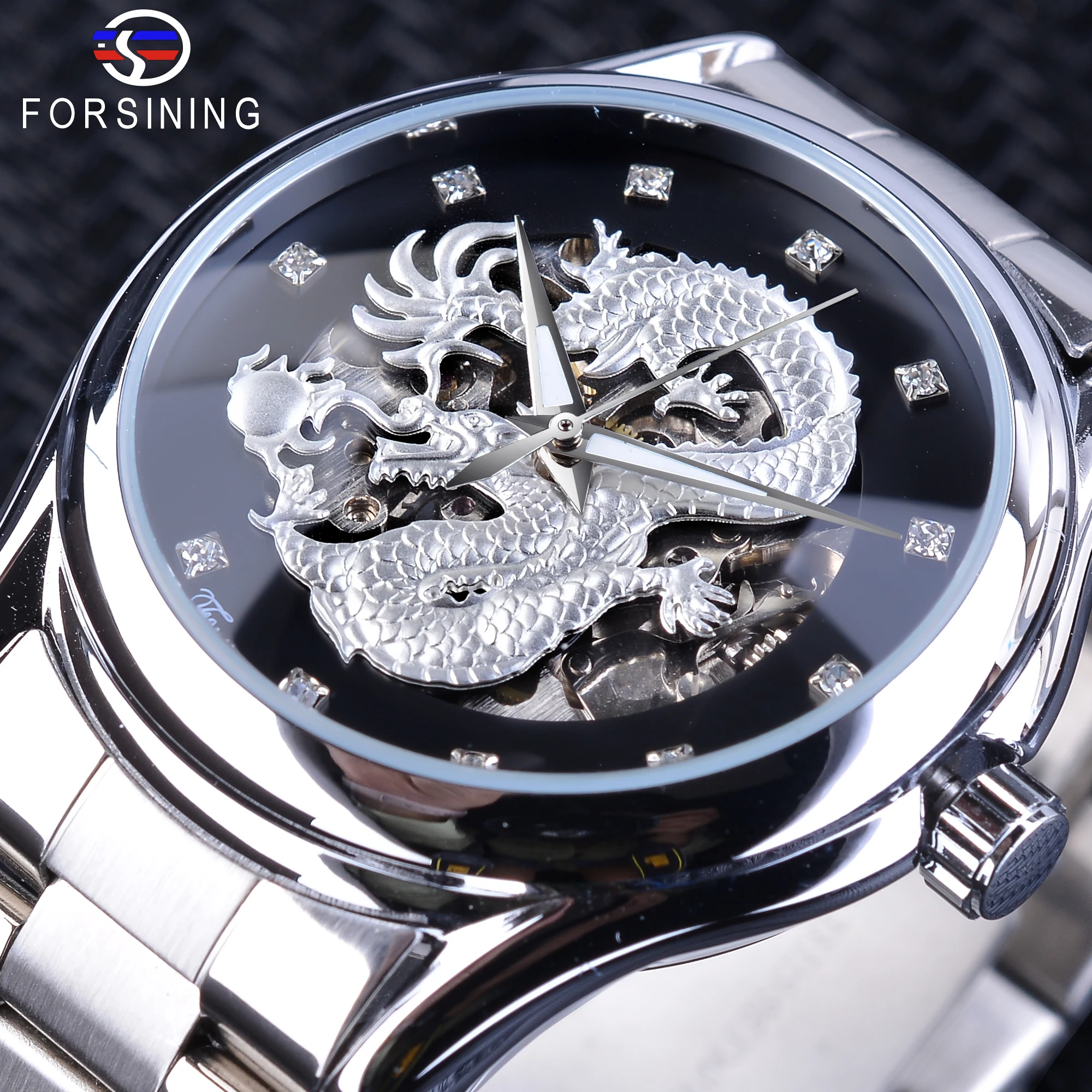 Forsining Fashion Dragon Design Silver Stainless Steel Diamond Display Men's Automatic Wristwatch Top Brand Luxury Montre Homme