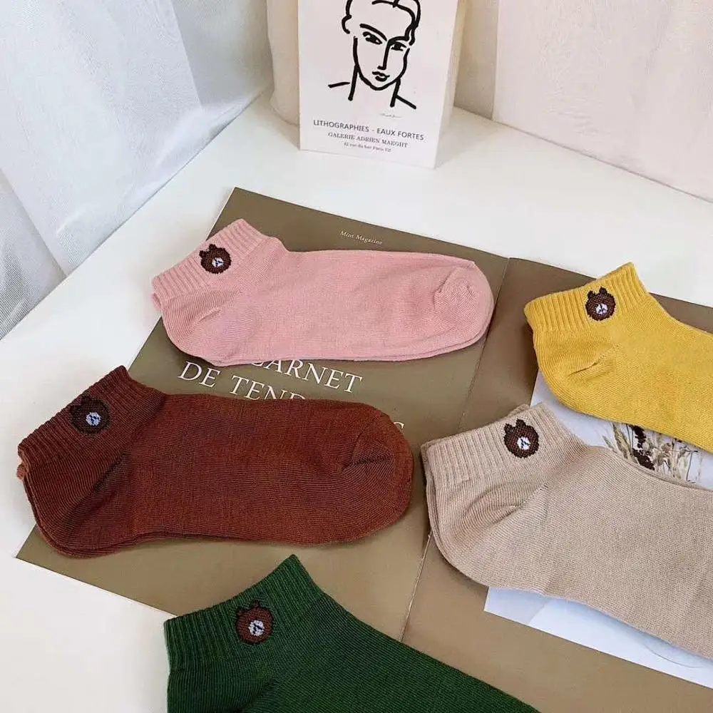 Women's Solid Color Boat Socks Bear Short Paragraph Sports Sweat-Absorbent Cotton Low To Help College Wind Cute | Женская одежда
