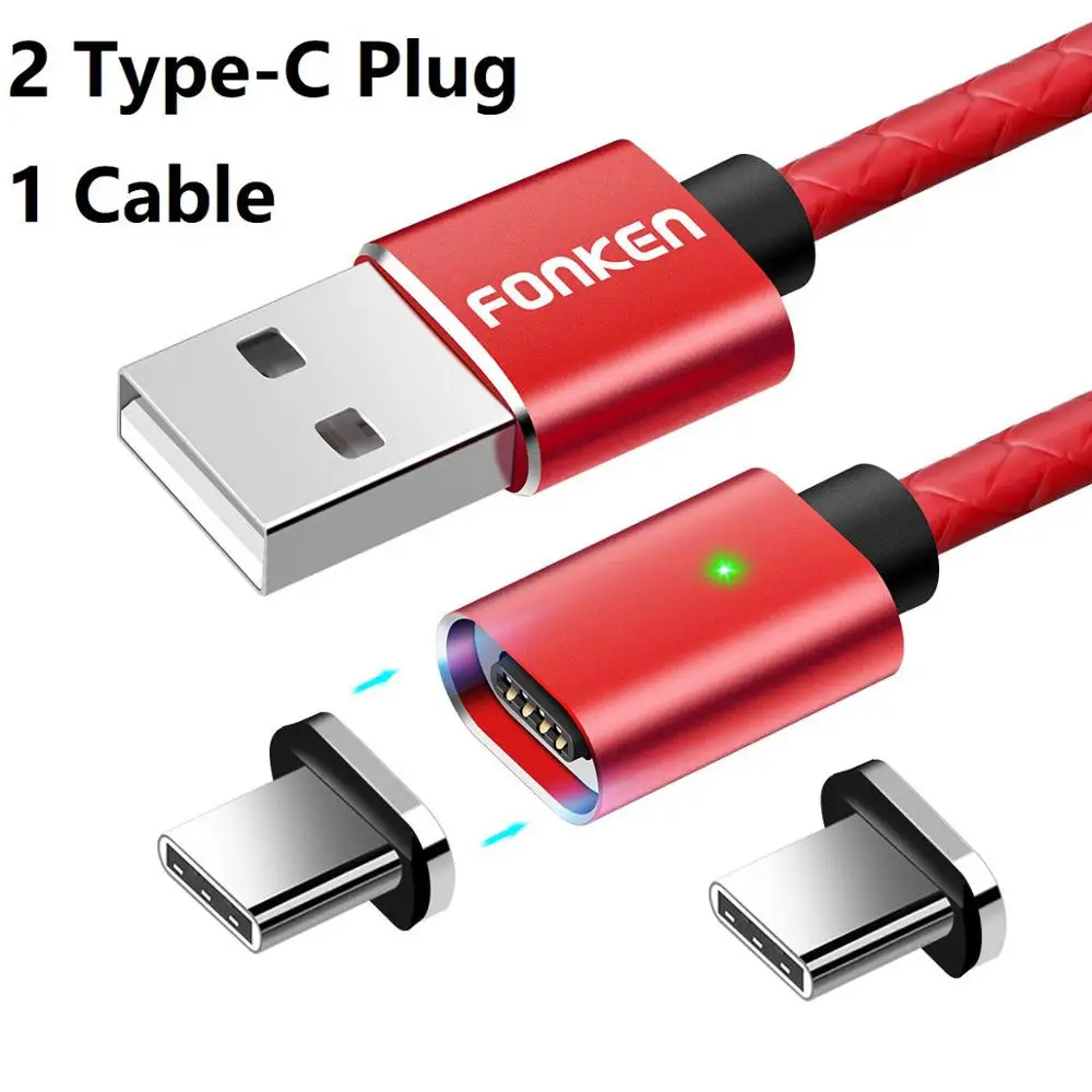 2 Plug 1 Red Cord Магнитный кабель FONKEN type-C, магнитный кабель USB C для телефона, 1 м, 2,4 А, светодиодный, для мобильного зарядного устройства, Тип C, двусторонний шнур для зарядки, кабель для синхронизации данных - Цвет: 2 Plug 1 Red Cord