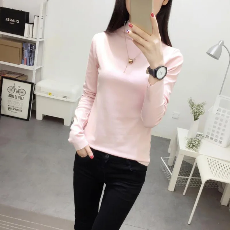 Однотонная футболка с полувысоким воротником модель 2019 года Женская Базовая