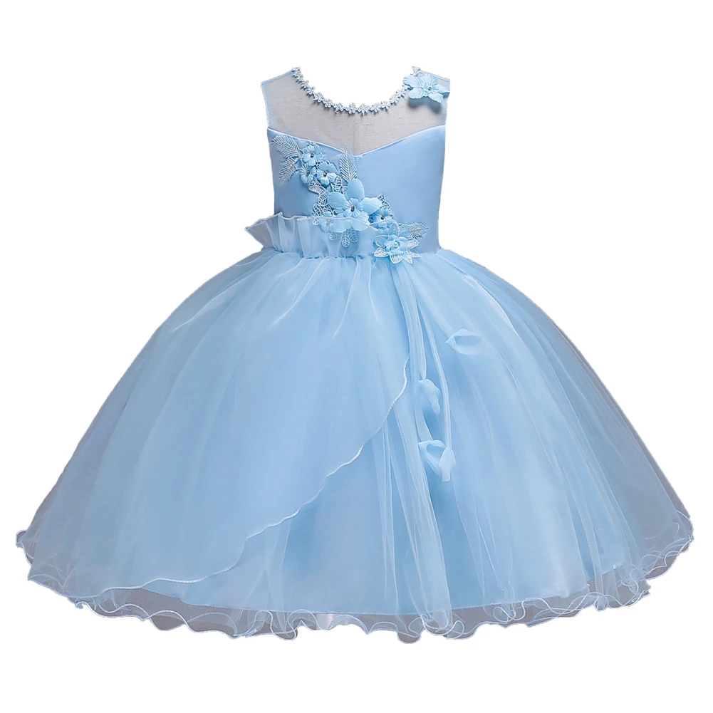 New Kids Clothing Ruffle Ribbons Children Knee Length Flower Girl Light Blue Dresses for Wedding Party 2 4 6 8 To 16 Years | Детская