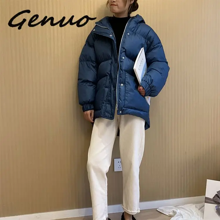 Genuo New Three Color Solid Women Parkas Hooded Zipper Single Breasted Coat Winter Thick Korean Fashion Sashes Jacket