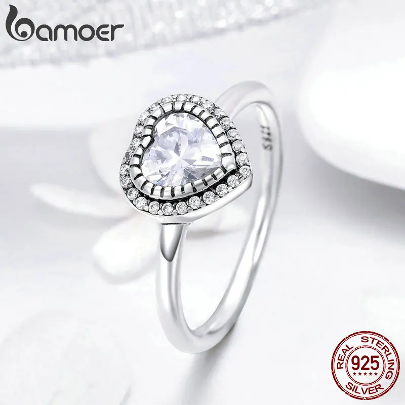 BAMOER 925 пробы Серебряное романтическое сердце любовь светящееся CZ Кристальное кольцо на палец для женщин Свадебное Обручальное ювелирное изделие SCR423