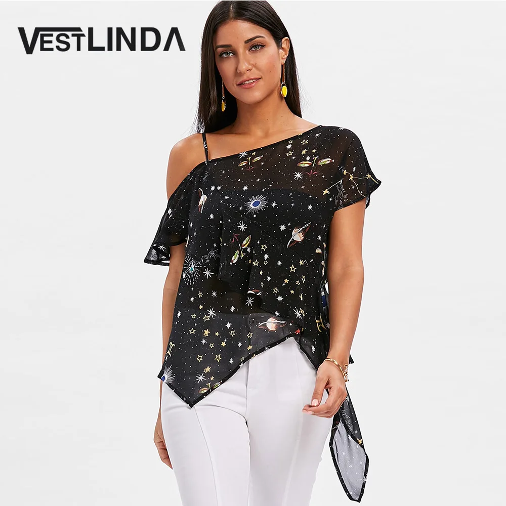 Женская Асимметричная блузка VESTLINDA повседневная черная шифоновая с открытыми