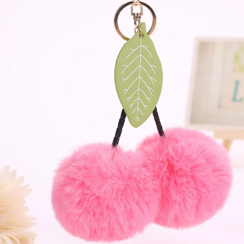 

2019 Bunny Keychain Newfaux Rabbit Fur Ball Cherry Leaves Keychain Pom Keyring Llaveros Portachiavi Fluffy For Jewelry Wj5531