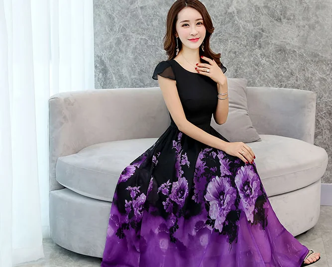 Dingaozlz летнее платье размера плюс Vestidos модное печатное шифоновое платье с коротким рукавом тонкое женское богемное пляжное длинное платье